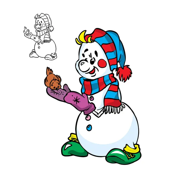 Happy snowman feeds the little bird  — Stok Vektör